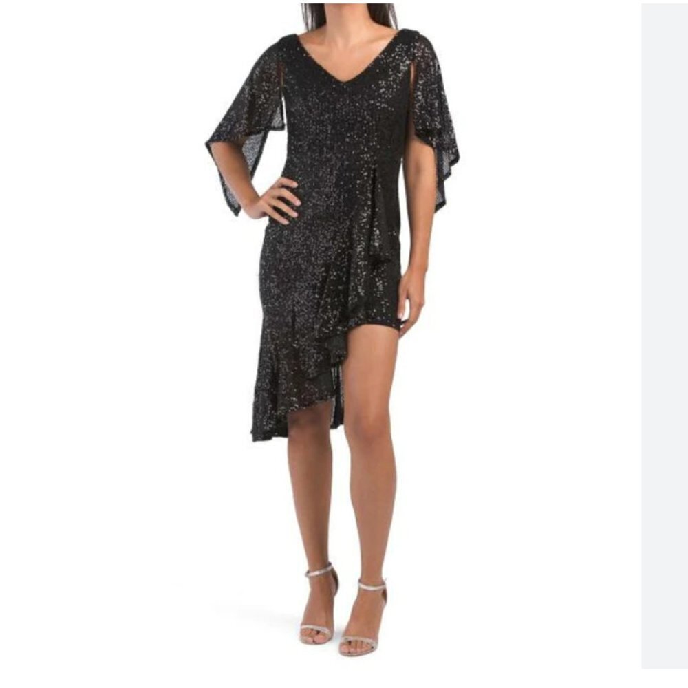 DALIA MACPHEE BLACK SEQUIN FLUTTER SLEEVE RUFFLE COCKTAIL EVENING DRESS - L